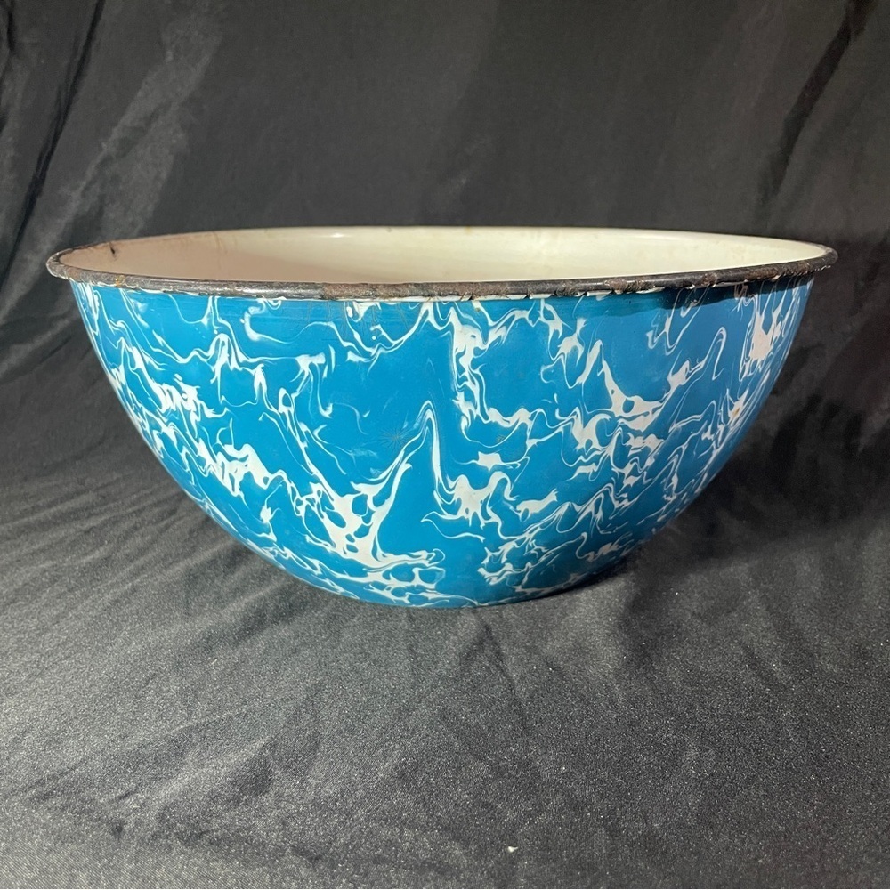 Vintage Blue and White Marbled Enamel Bowl